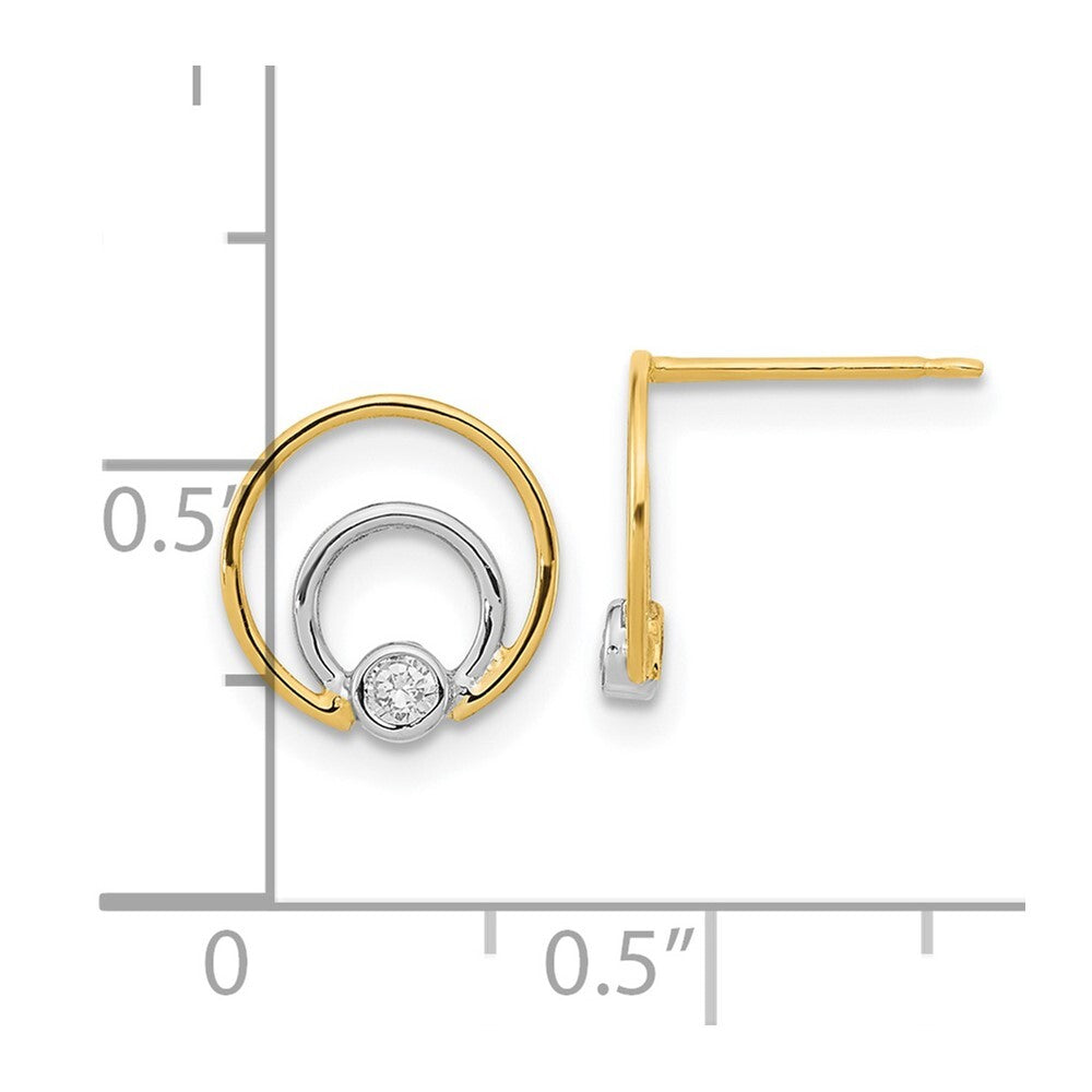 14k Yellow Gold Polished Rhodium Cubic Zirconia Double Circle Stud Earrings