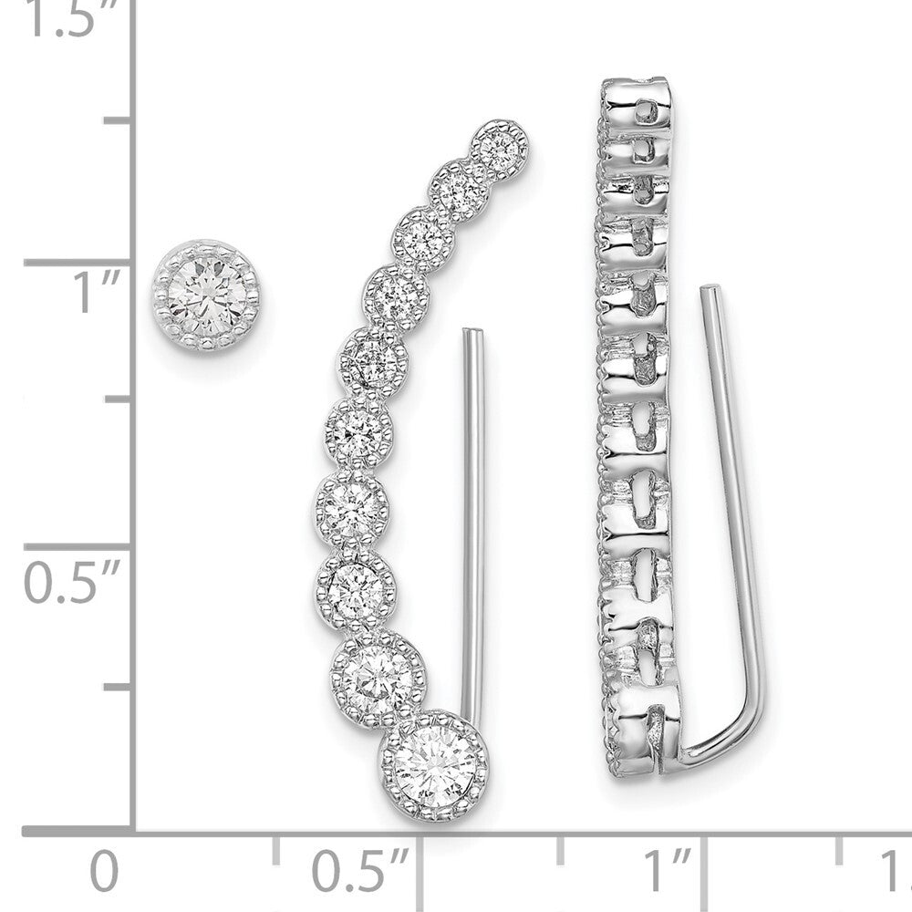 Sterling Silver Polished & Textured Cubic Zirconia 1 Ear Climber & 1 Stud Ear