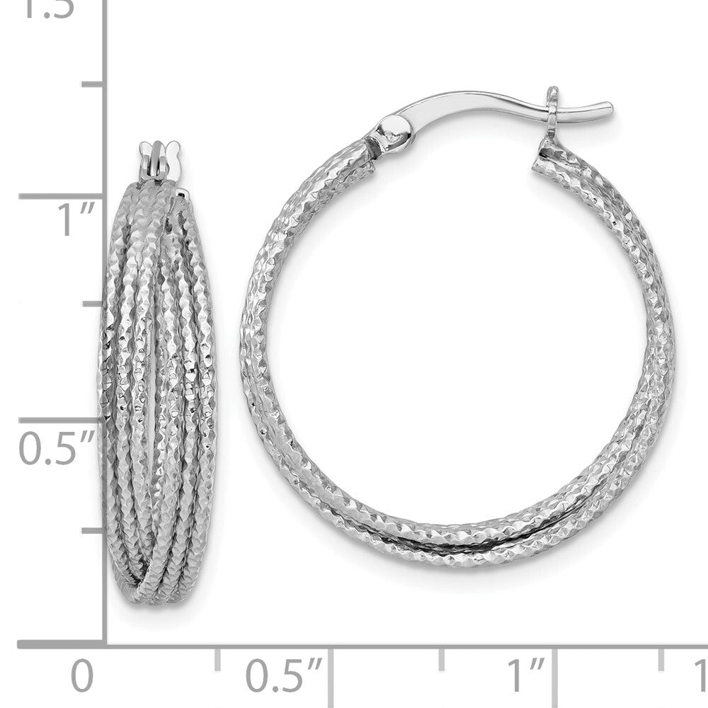 Sterling Silver Rhodium-plated Textured 25.0mm Crisscross Round Hoop Earrings