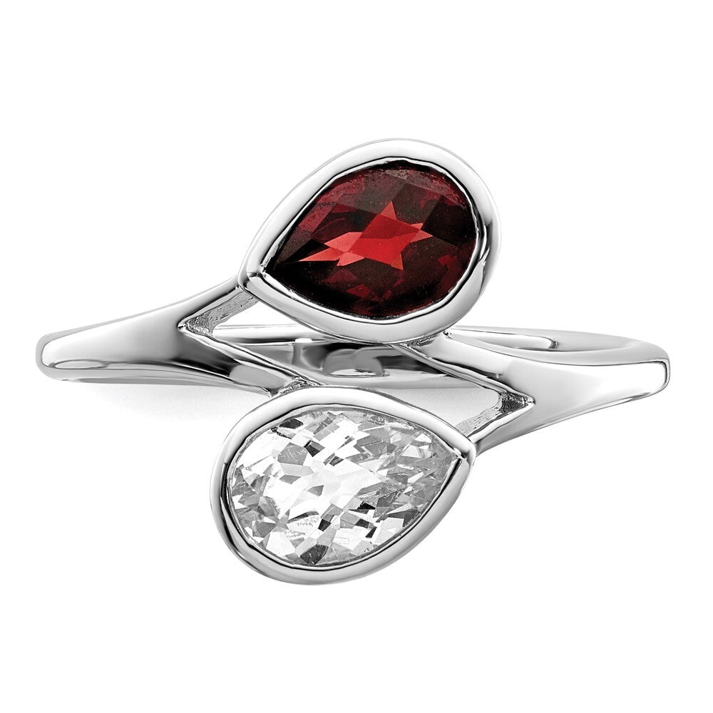 Sterling Silver Rhodium-plated Polished Garnet & White Topaz ByPass Ring Size 8