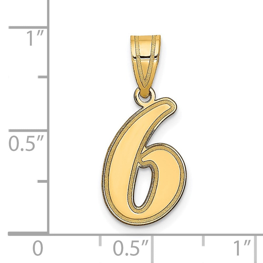 14k Yellow Gold Brushed Border Script Number 6 Pendant