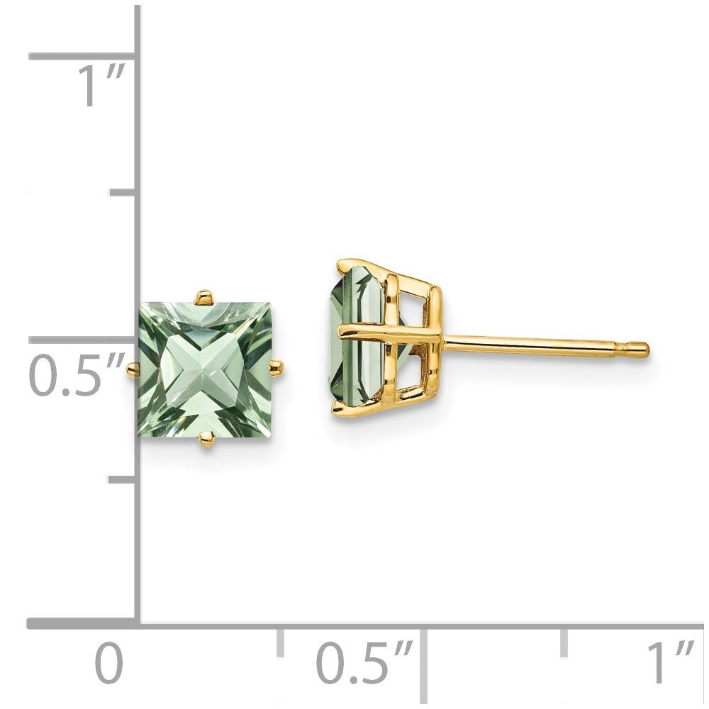 14k Yellow Gold 6mm Square Green Quartz Stud Earrings Gift for Women