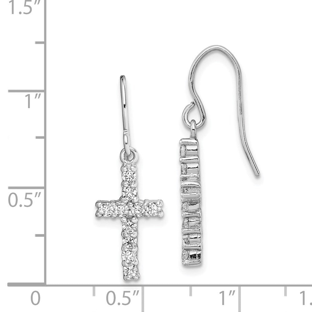 Sterling Silver Polished Cubic Zirconia Latin Cross Dangle Earrings