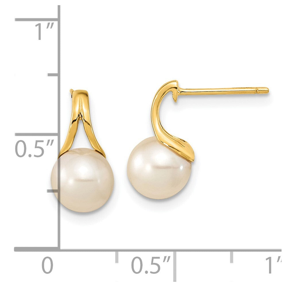 14k Yellow Gold 7-8mm White Round Freshwater Cultured Pearl Stud Earrings