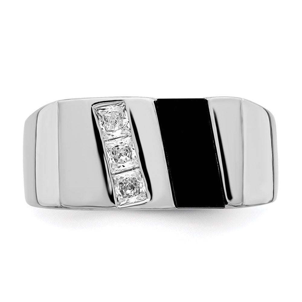 Sterling Silver Rhodium-plated Men's Cubic Zirconia and Onyx Ring Size 10