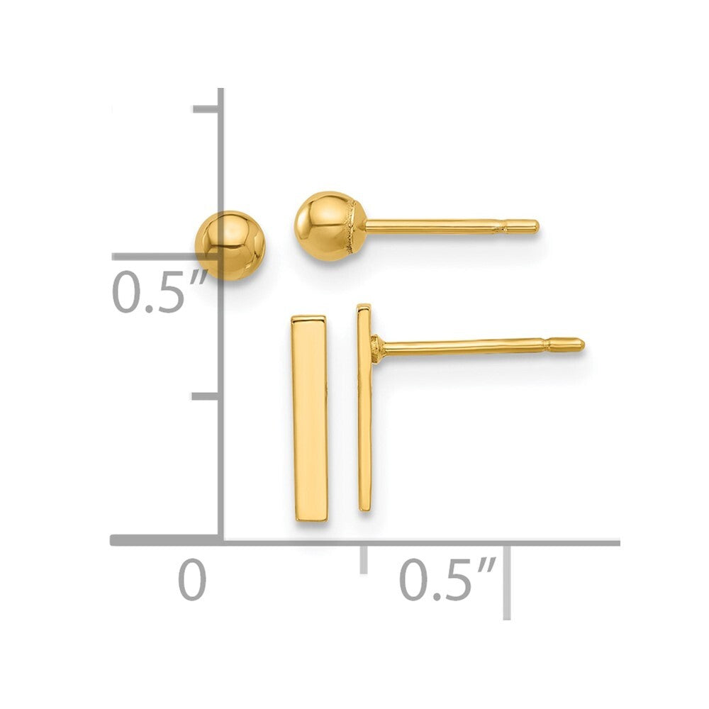 14k Yellow Gold Polished 3mm Ball and Bar Earring Set Gift for Women