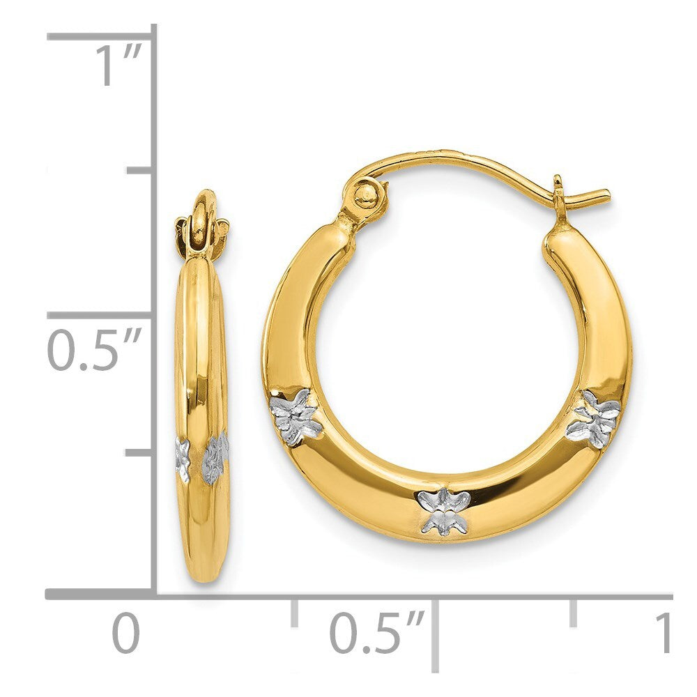 14k Yellow Gold & Rhodium Flowers Hollow Hoop Earrings Gift for Women
