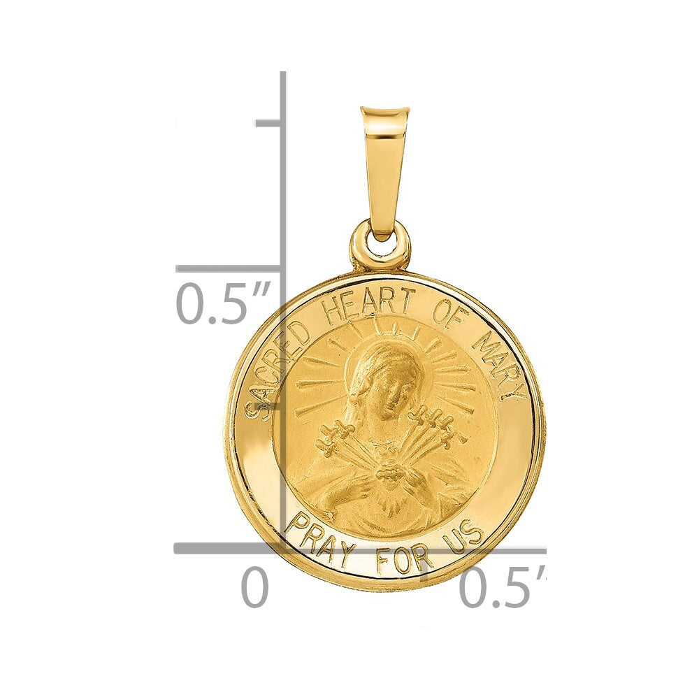 14k Yellow Gold Polished and Satin Sacred Heart of Mary Medal Hollow Pendant