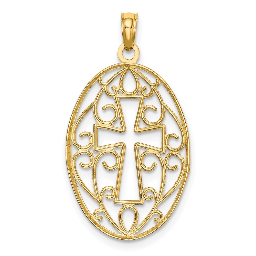 14k Yellow Gold Rhodium Beaded Filigree Cross Charm