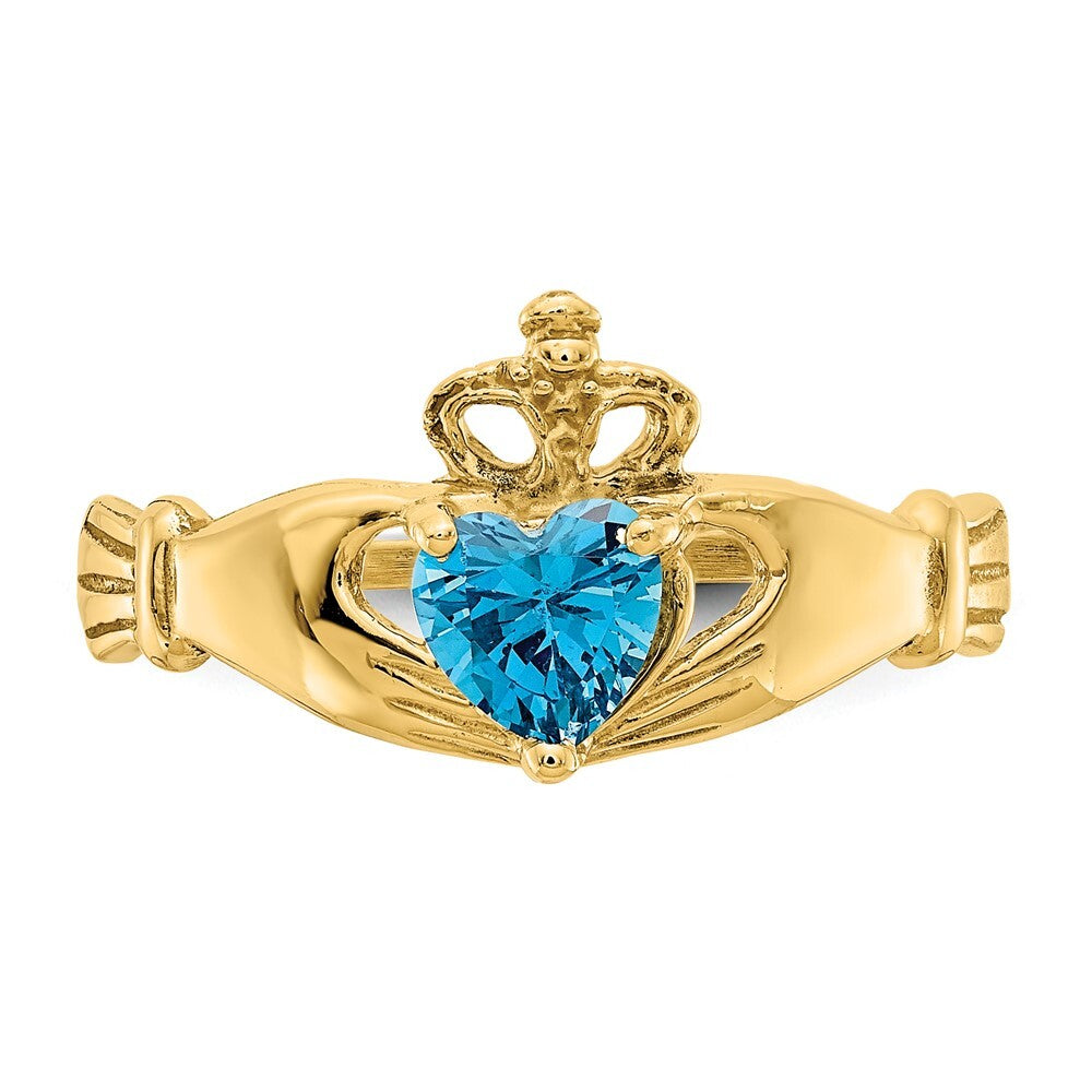 14K Yellow Gold CZ December Birthstone Claddagh Heart Ring
