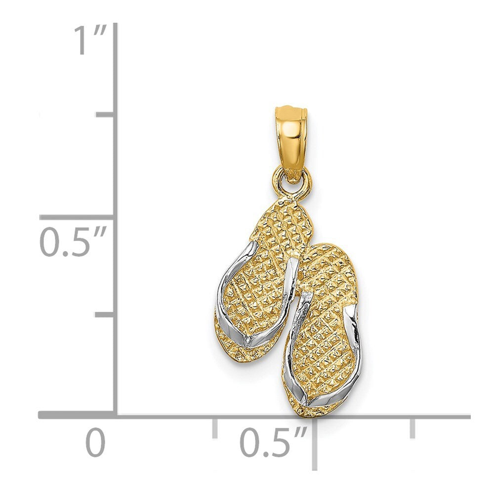 14k Yellow Gold White Rhodium 3D SANIBEL ISLAND Double Flip Flop Charm Pendant