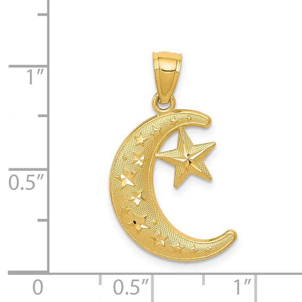 14k Yellow Gold Gold Polished and Textured Moon and Stars Pendant for Women