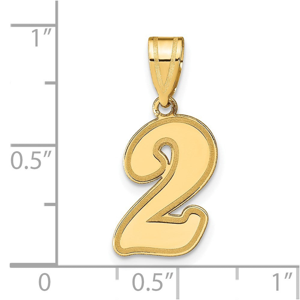 14k Yellow Gold Brushed Border Script Number 2 Pendant