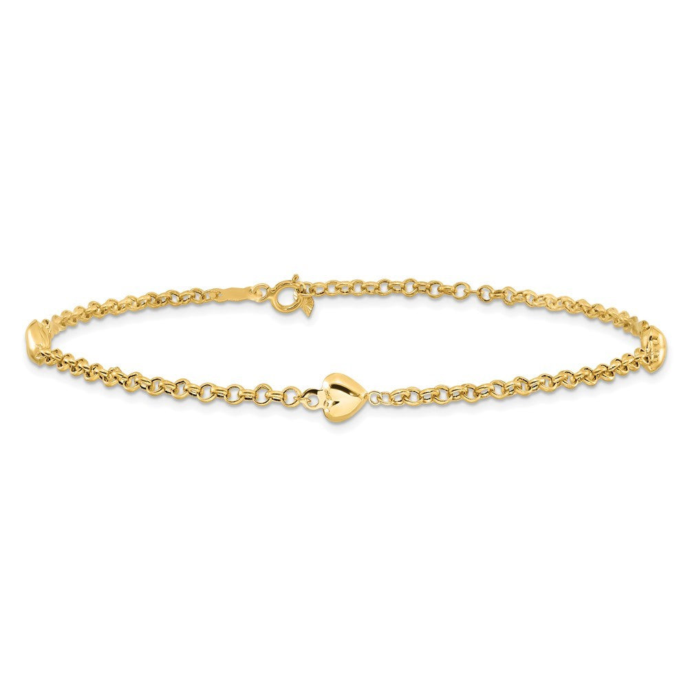 14k Yellow Gold Polished Puffed Heart 3-Station 9 inch Anklet