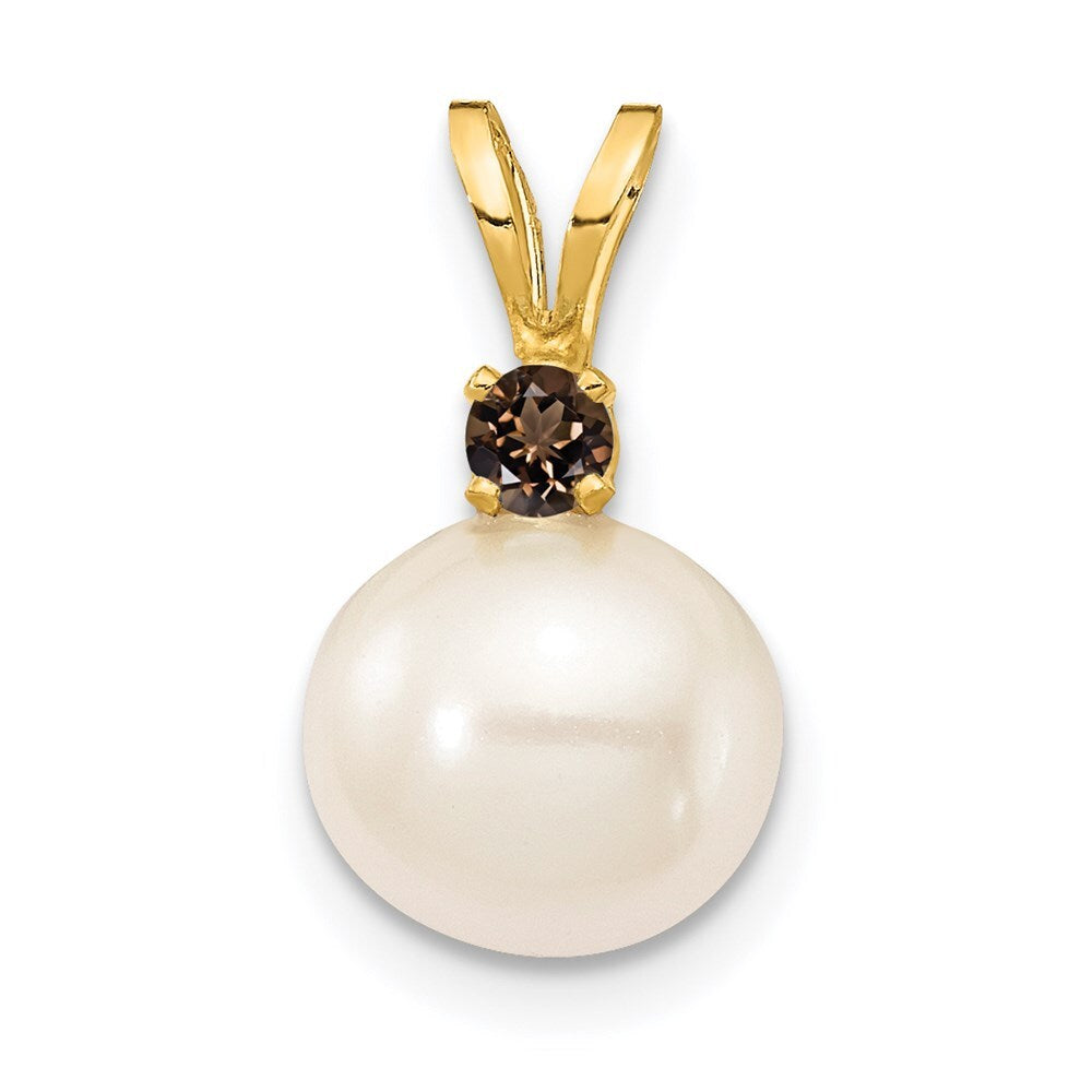 14k Yellow Gold 8-8.5mm White Freshwater Cultured Pearl & Smoky Quartz Pendant