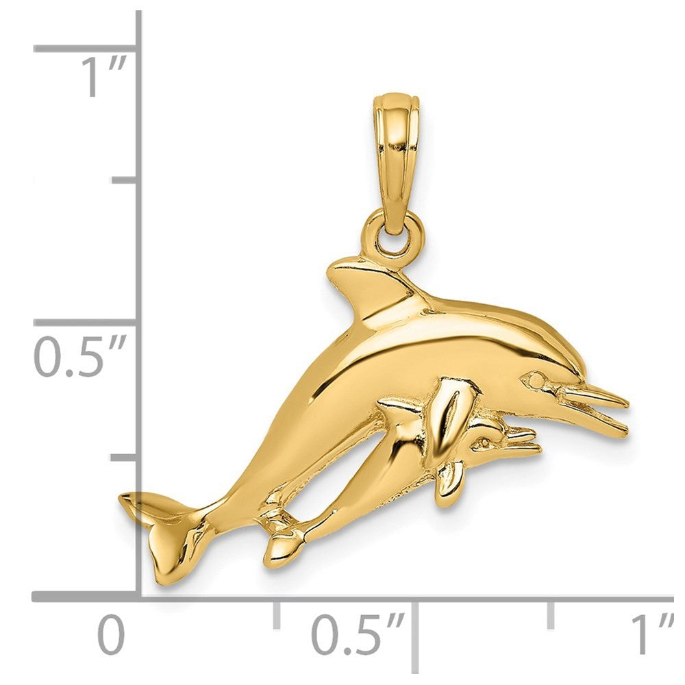 14k Yellow Gold 2-D Double Dolphins Swimming Charm