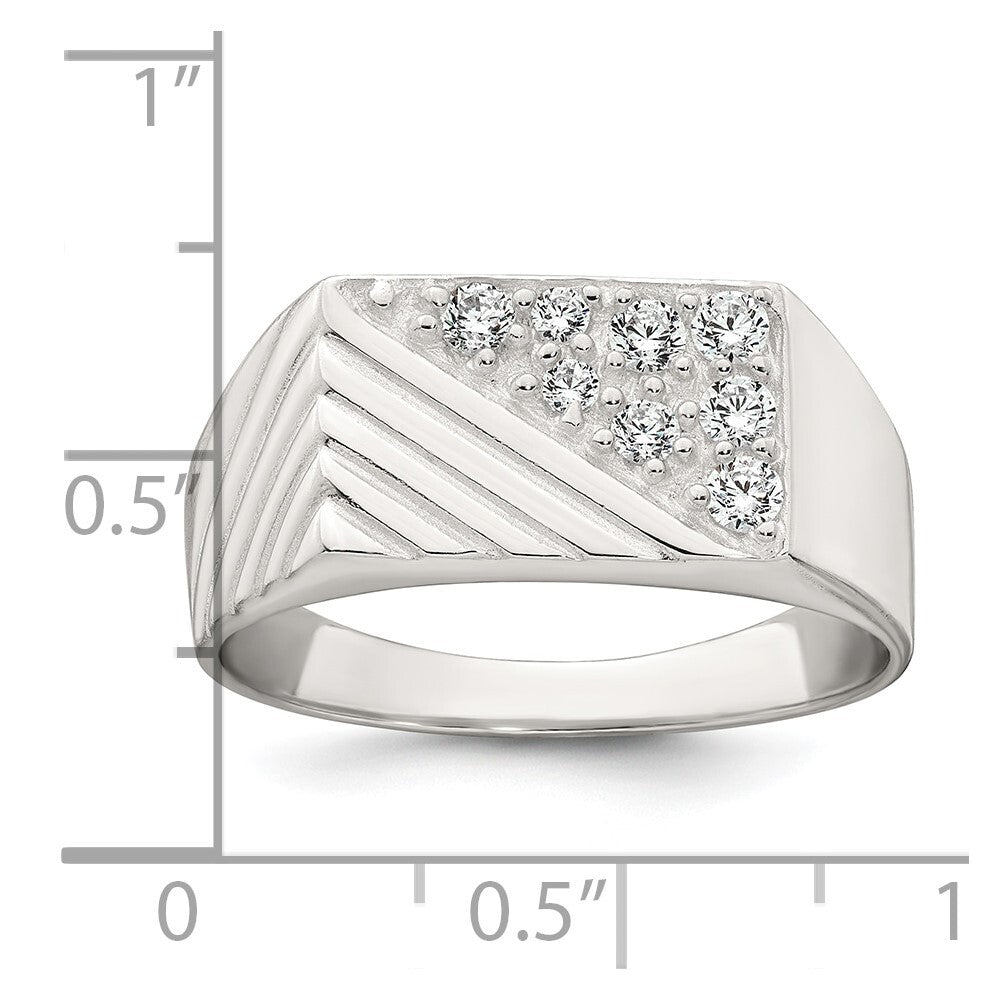 Sterling Silver Polished and Grooved CZ Men's Ring Size 10