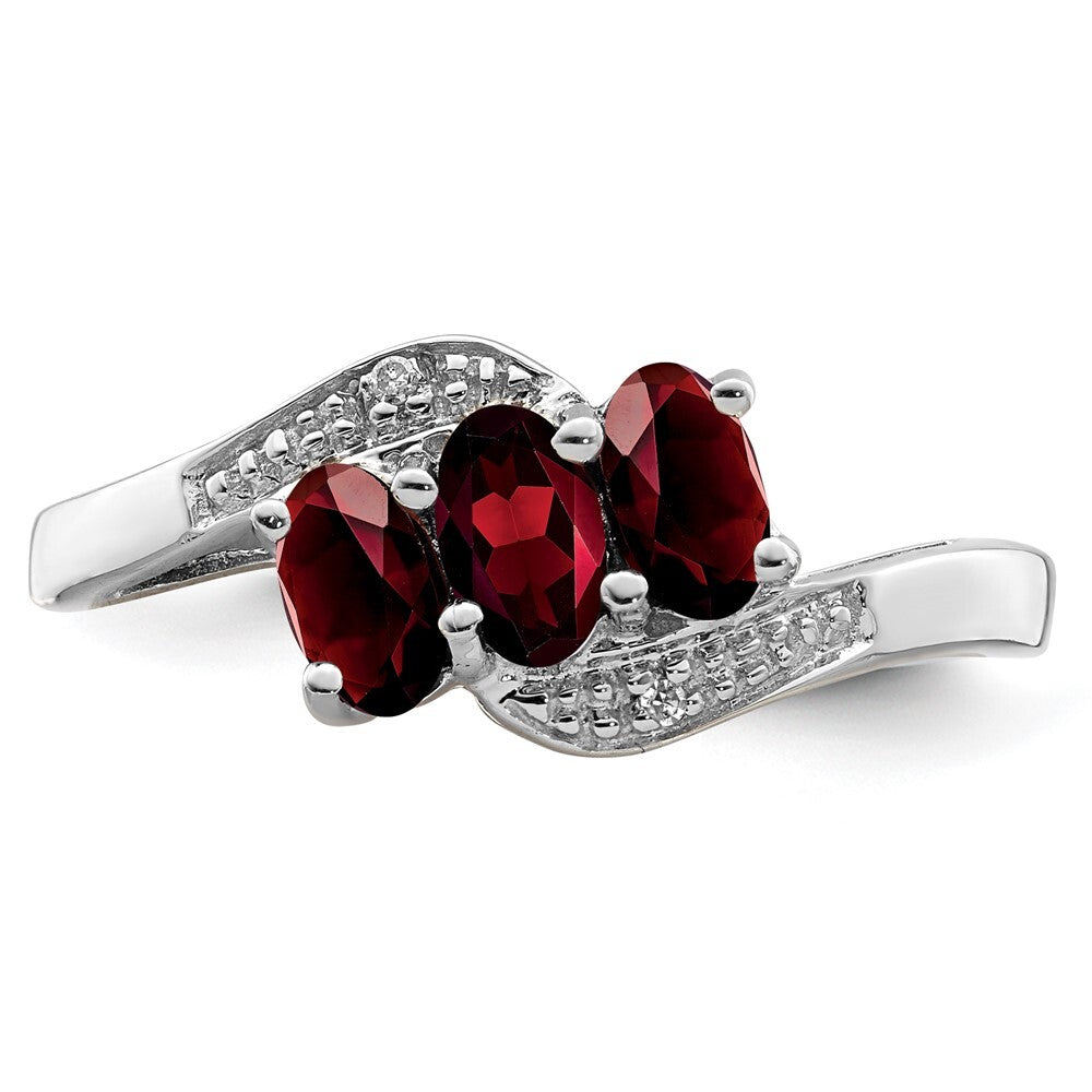 Sterling Silver Rhodium-plated 3 Stone Garnet & Diamond Ring Size 7