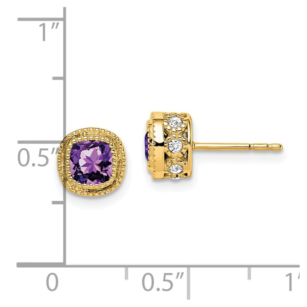 14k Yellow Gold Cushion Amethyst and Diamond Stud Earrings