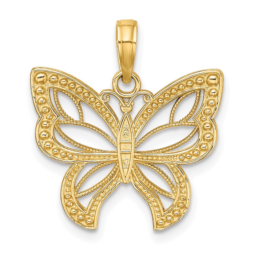 14k Yellow Gold Rhodium Butterfly White Beaded Wings Charm Pendant