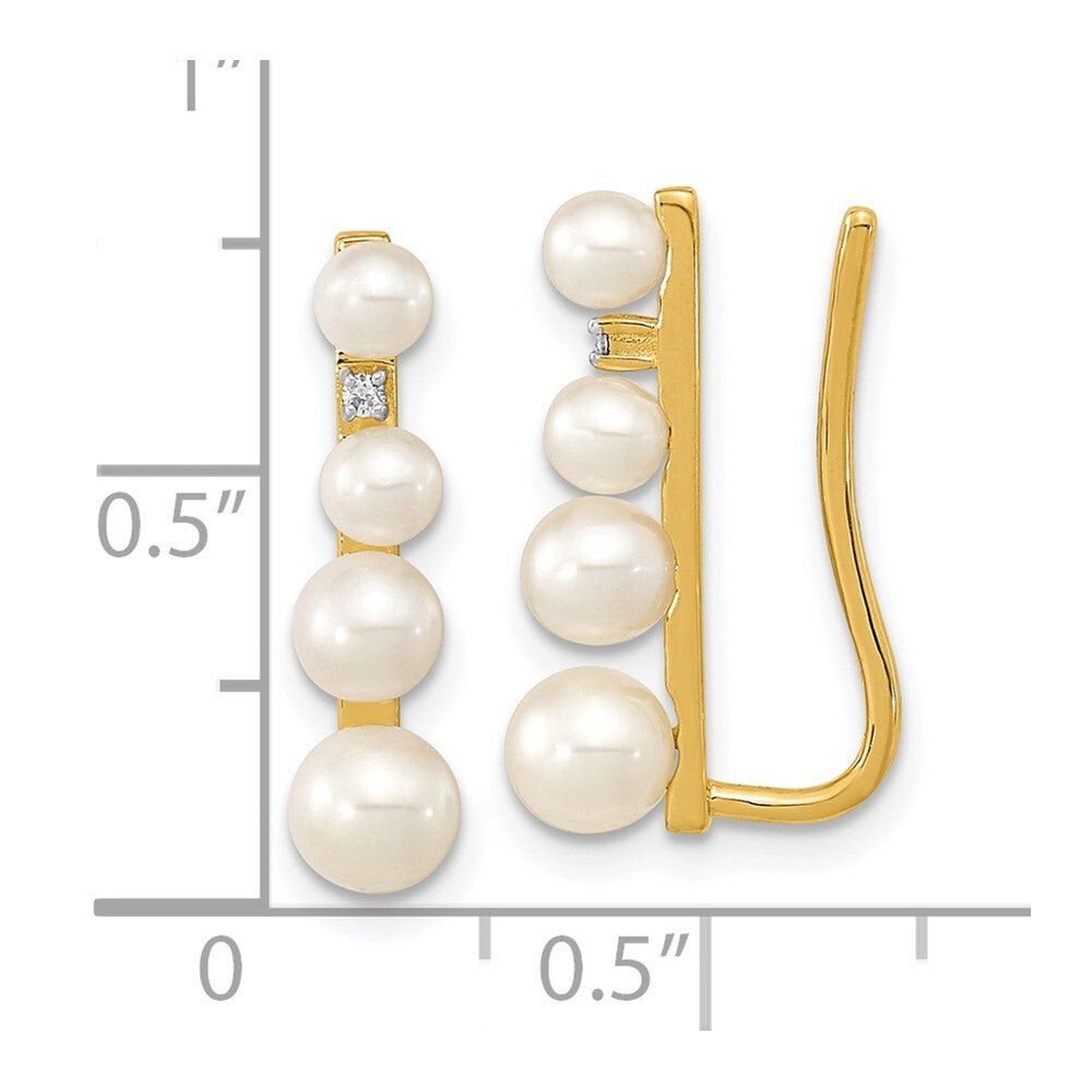 14k Yellow Gold 3-5mm FW Cultured Pearl .016ct Diamond Ear Climber Stud Earrings
