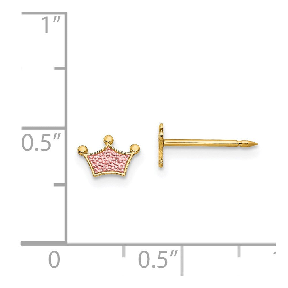 14k Yellow Gold Epoxy Fill Pink Crown Stud Earrings Gift for Women