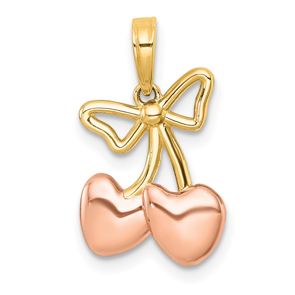 14k Yellow Gold with White Rhodium and Rose-plating Heart Cherries Charm