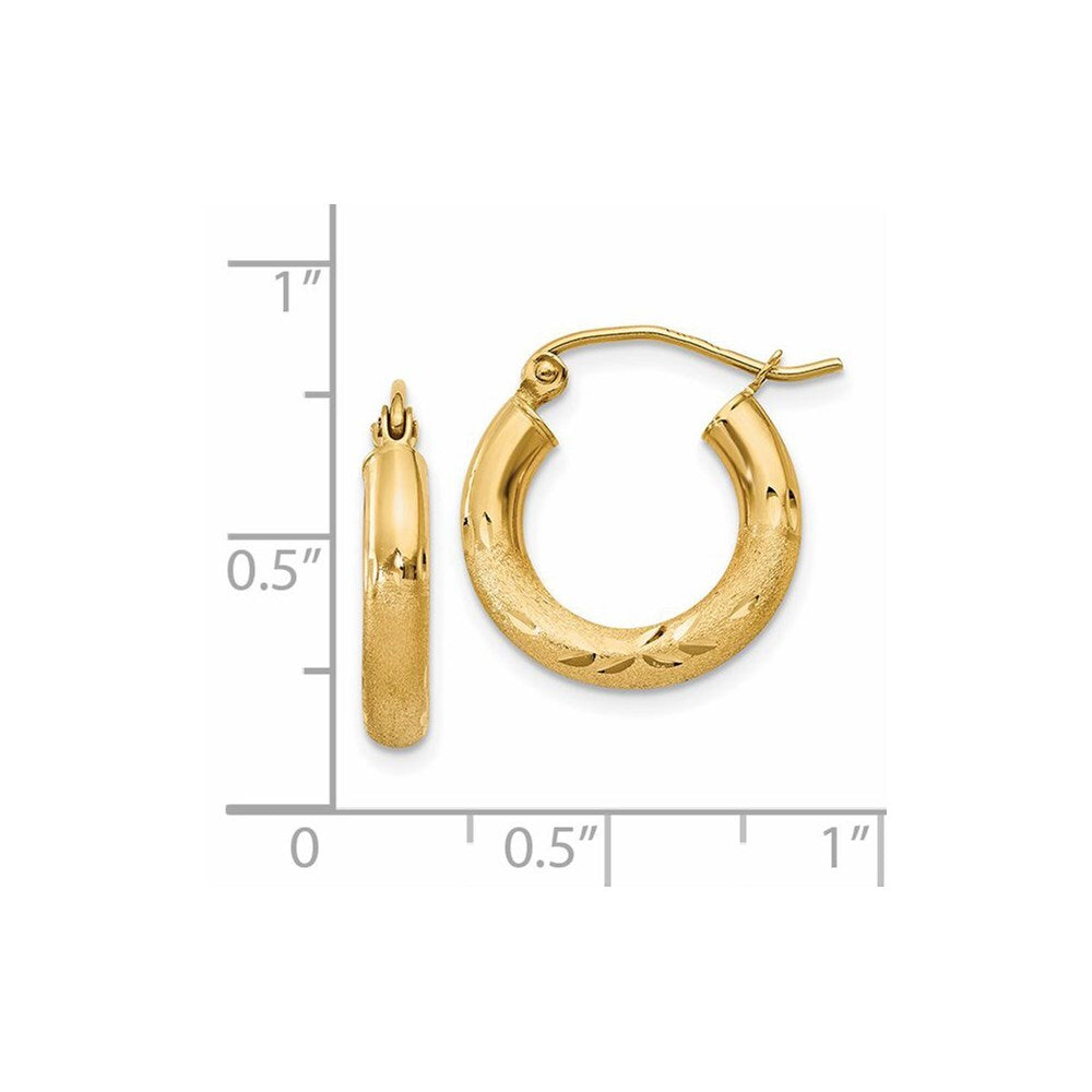 14k Yellow Gold Satin and Diamond-cut 3mm Round Hoop Earrings Gift for Women