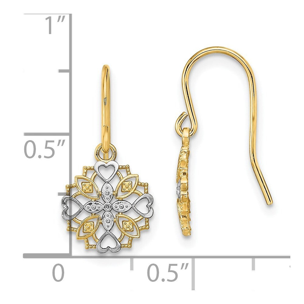 14k Yellow Gold and Rhodium Fancy Dangle Wire Earrings Gift for Women