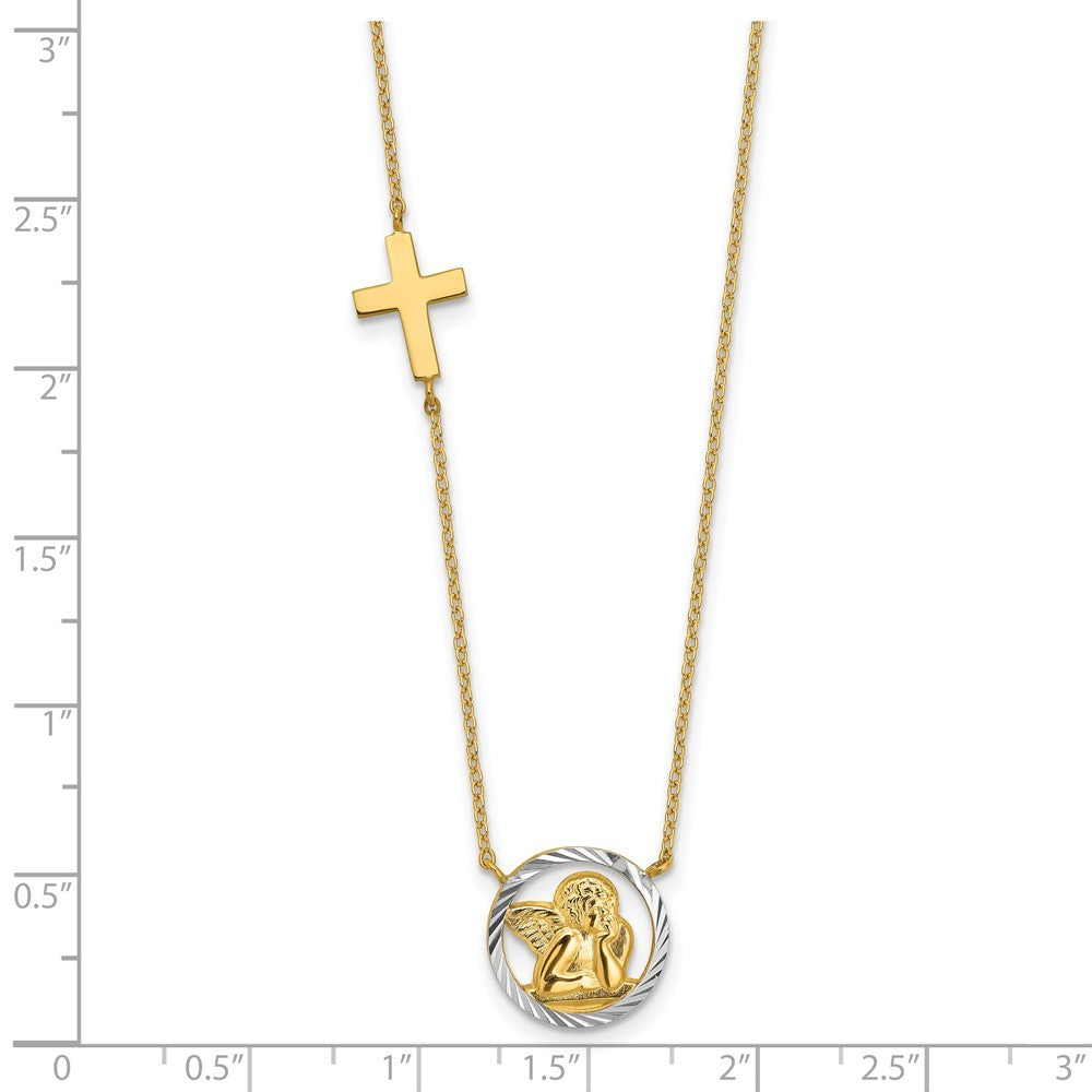 14k Yellow Gold and White Rhodium Diamond-cut Angel and Cross 17 inch Necklace