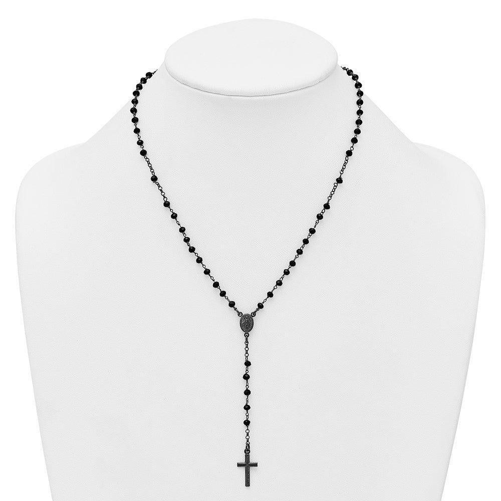 Sterling Silver Black Rhodium-plated Crystal Rosary Necklace 18.5" with 0.5" ext