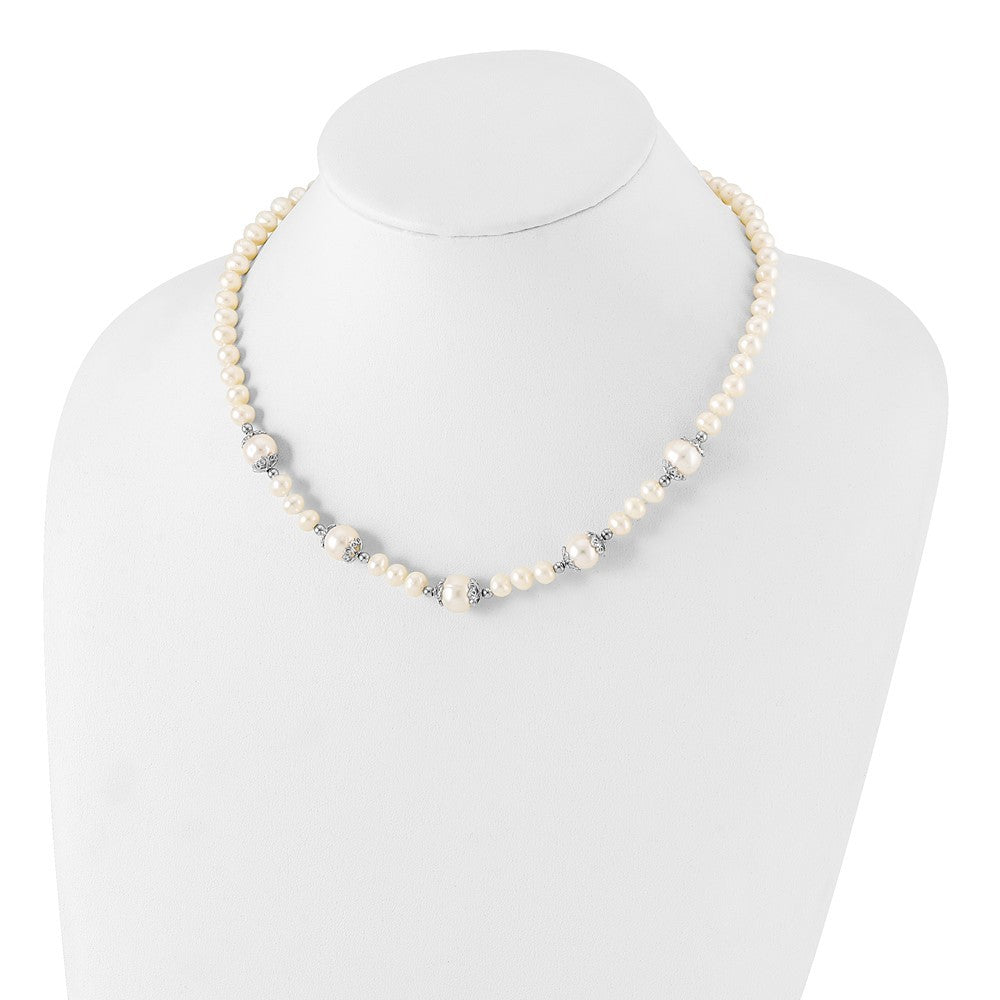 Sterling Silver Rhodium-plated 6-9mm White Cultured Pearl 5-station Necklace 18"