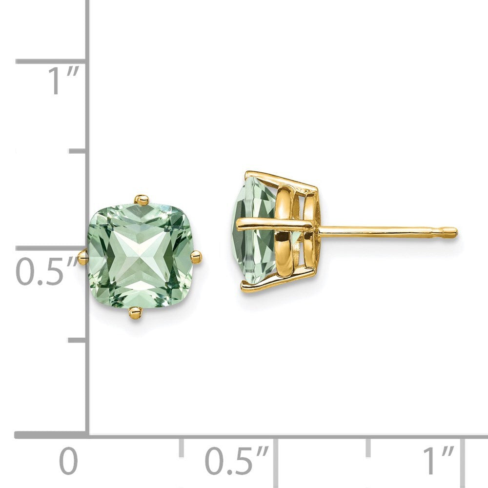 14k Yellow Gold 7mm Cushion Green Quartz Earrings Gift for Women