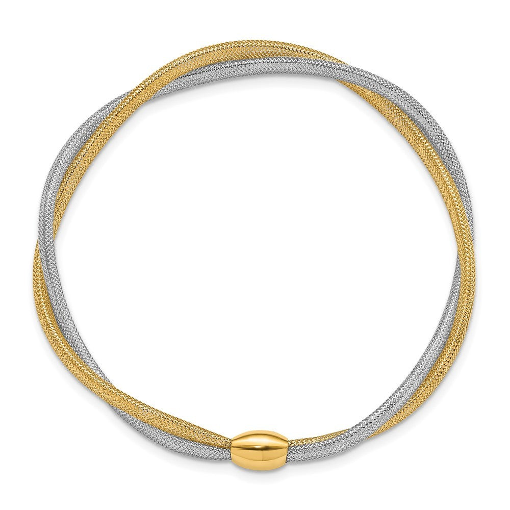 14k Yellow Gold with White Rhodium Twisted Woven Mesh Slip-on Stretch Bracelet
