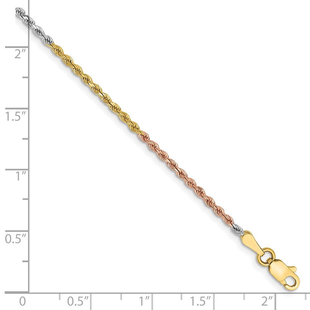 14K Tri-colored 8 inch 1.75mm Diamond-cut Rope Chain Bracelet
