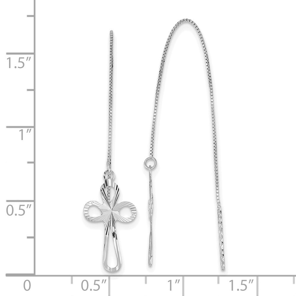 14K White Gold Polished Diamond-cut Box Chain Cross Threader Earrings