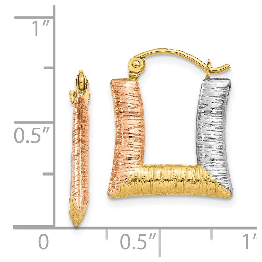 14k Yellow Gold & White & Rose Rhodium Hollow Textured Square Hoop Earrings