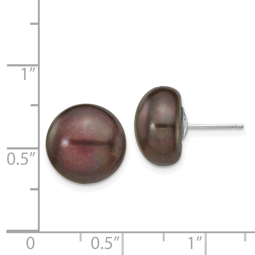 14k White Gold 12-13mm Black Button Freshwater Cultured Pearl Stud Earrings