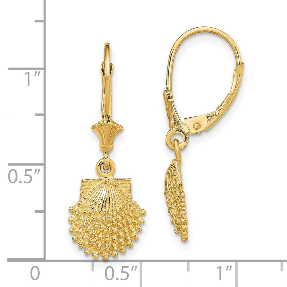 14k Yellow Gold 2-D Beaded Scallop Shell Drop Dangle Earrings