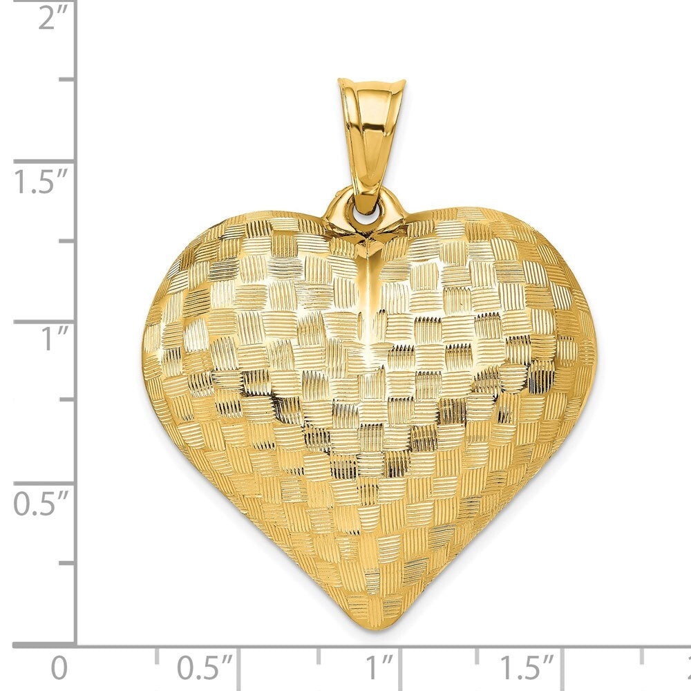 14k Yellow Gold Polished Basket Weave Pattern 3-D Heart Pendant for Women