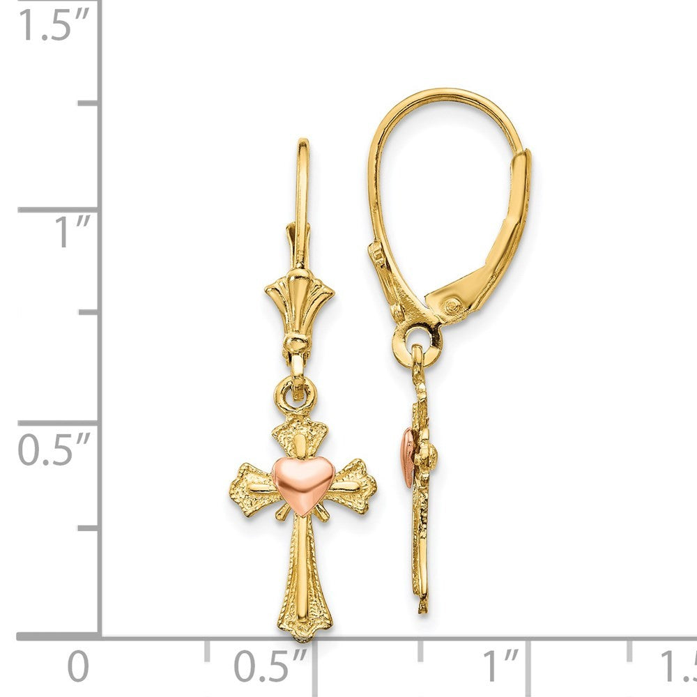 14K Two-tone Heart on Cross Drop Dangle Earrings