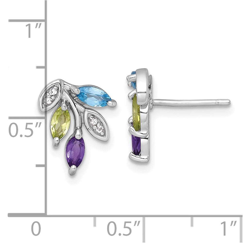 Sterling Silver Polished Amethyst, Peridot, and Blue and Topaz Leaf Earrings