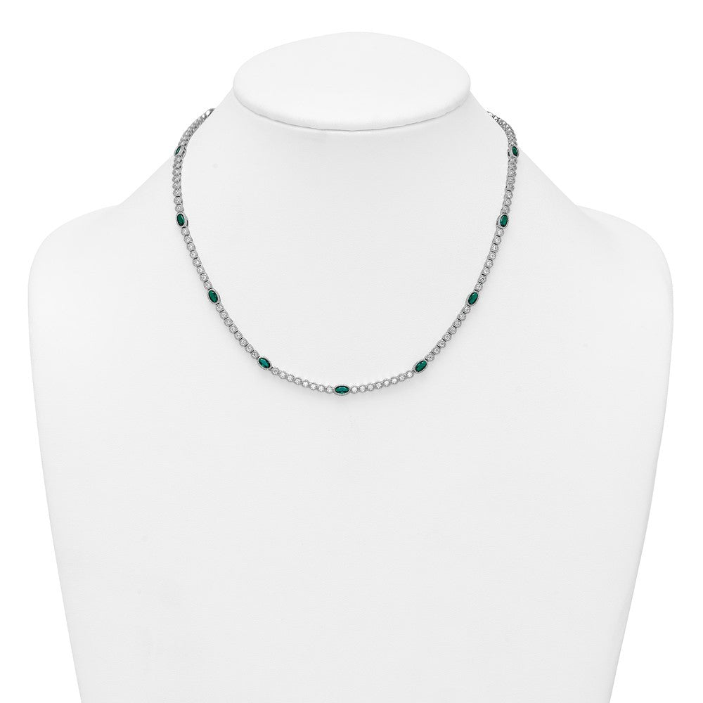 Sterling Silver and Beaded Fancy Oval Green and Round White CZ 17" Necklace