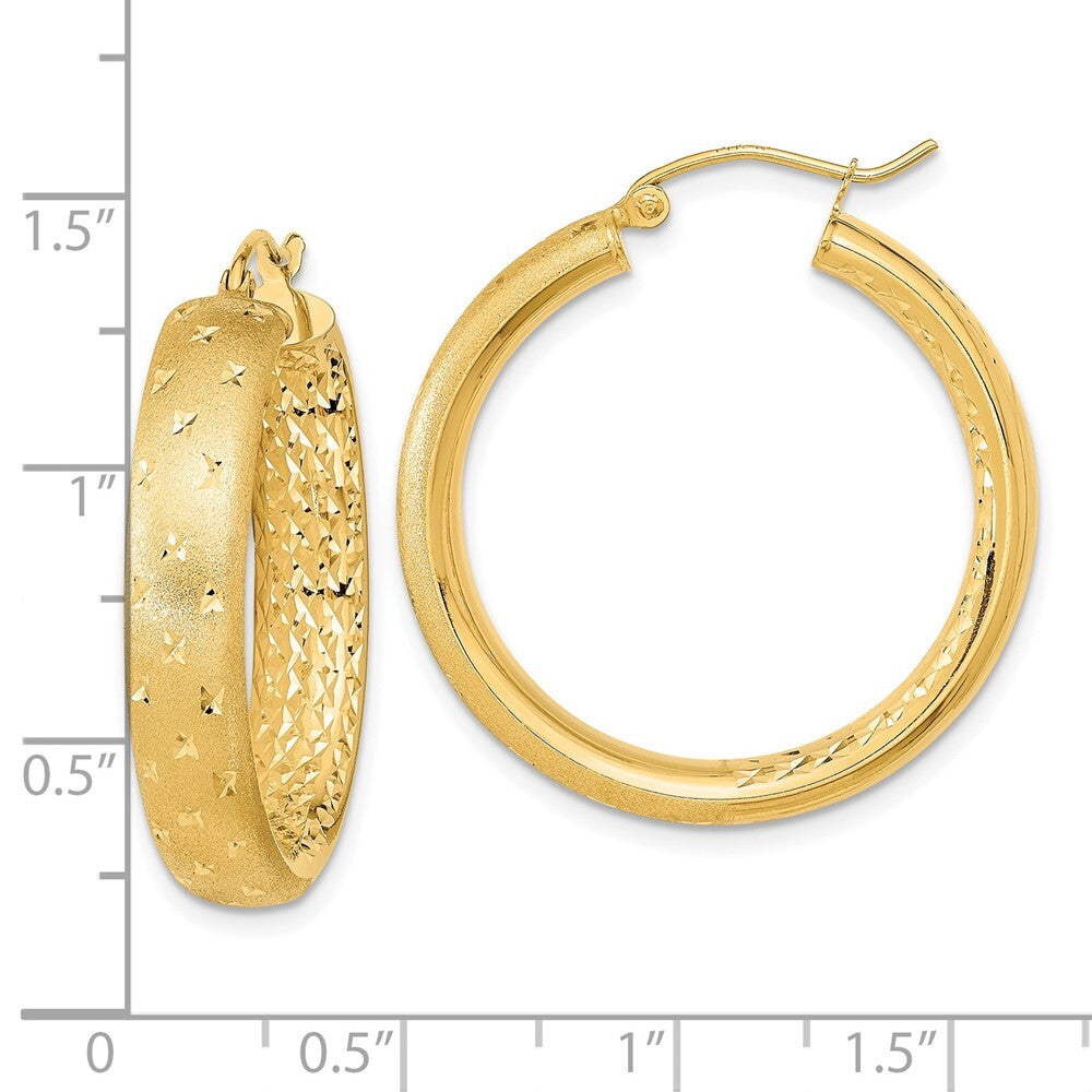 14k Yellow Gold Polished Satin and Diamond-cut Hoop Earrings