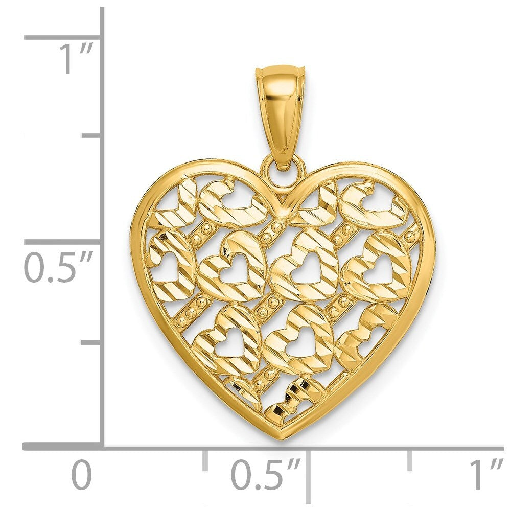 14k Yellow Gold Diamond-cut Heart Pattern On Heart Charm Pendant for Women