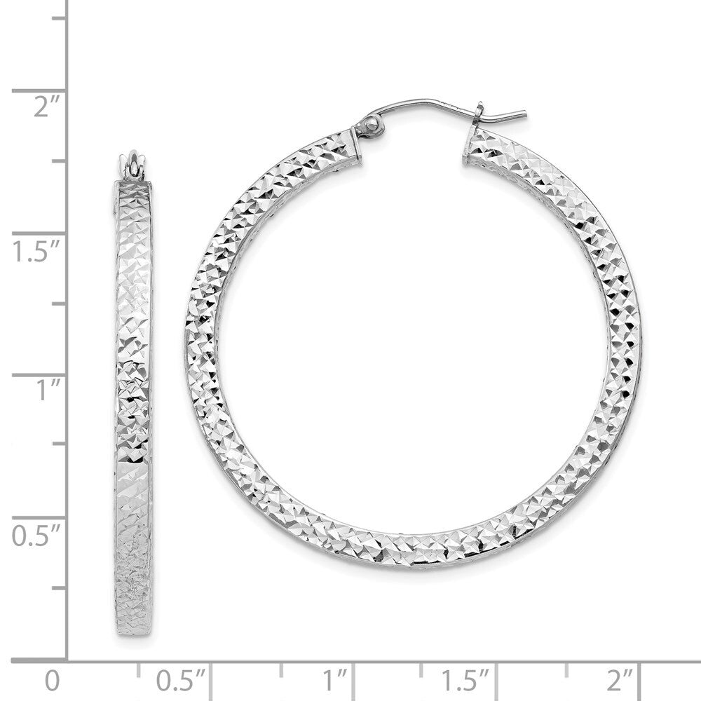 Sterling Silver Rhodium-plated Diamond-cut 3x40mm Square Tube Hoop Earrings