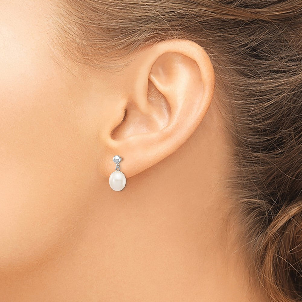 14k White Gold 8-9mm White Rice Freshwater Cultured Pearl Dangle Earrings