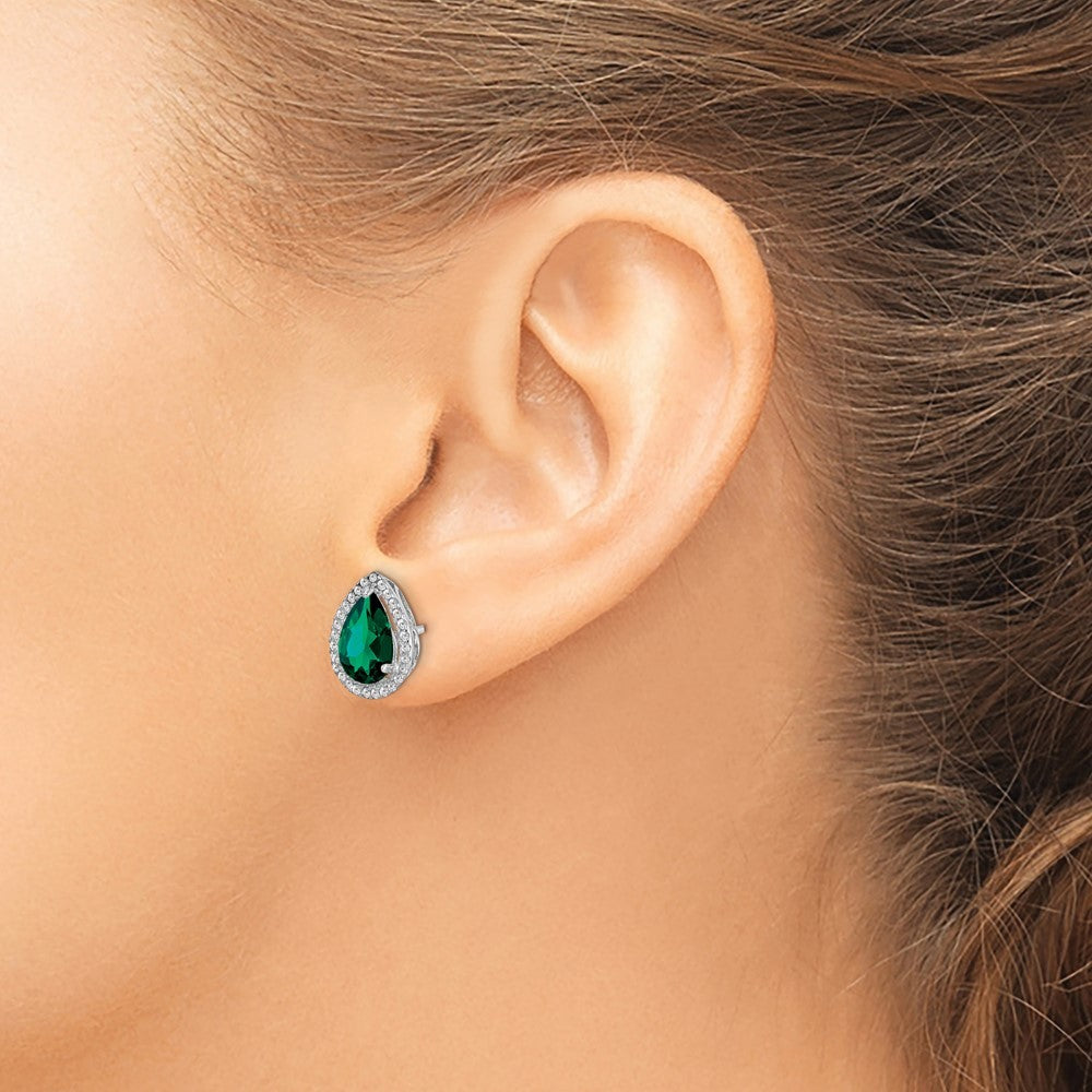 Sterling Silver Rhodium Simulated Emerald & CZ Earrings