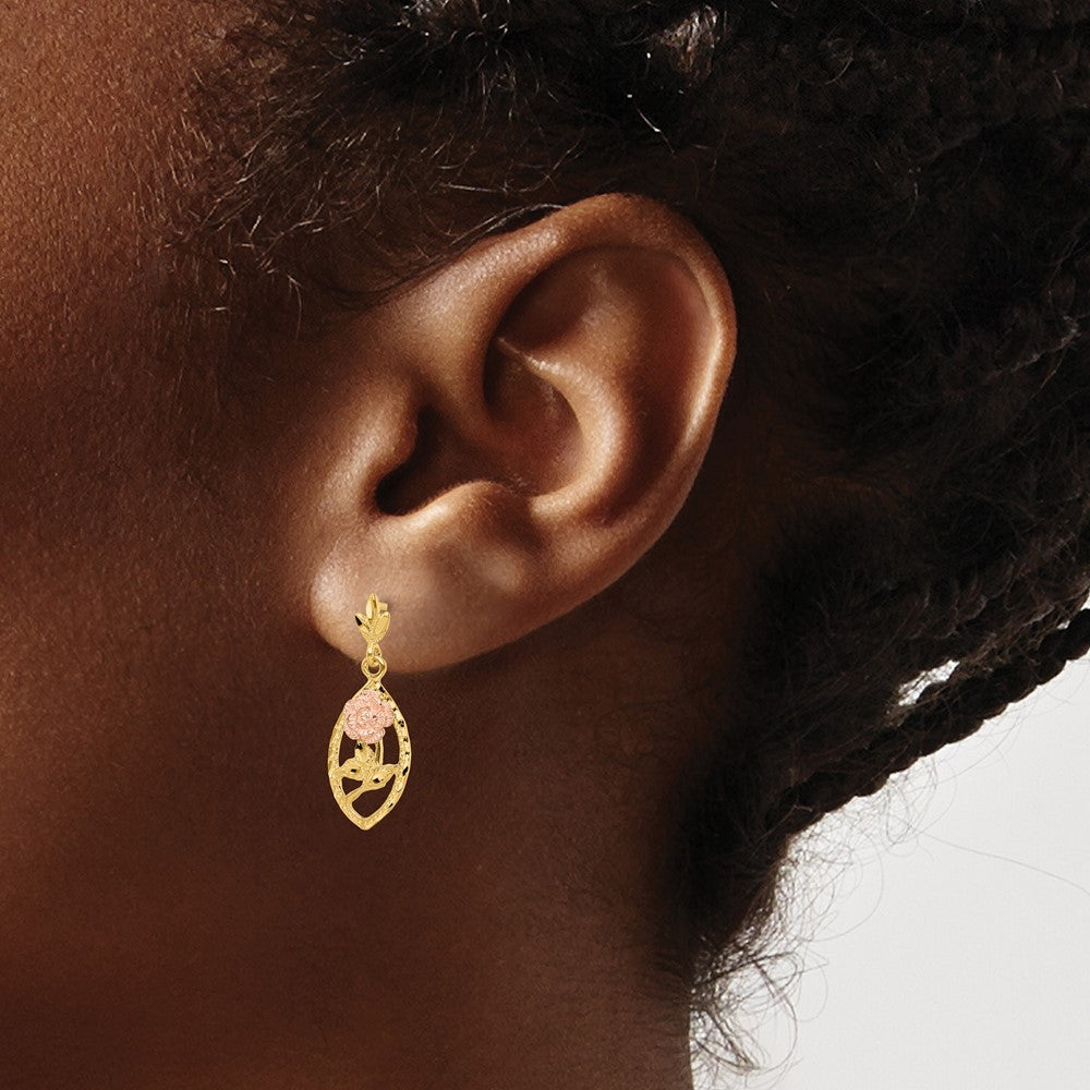 14k Two-tone Textured Flower Dangle Earrings