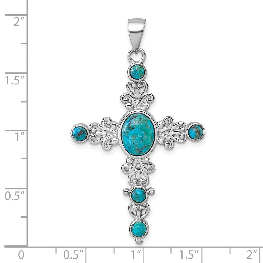 Sterling Silver Polished Compressed Turquoise Cabochons Fancy Cross Pendant